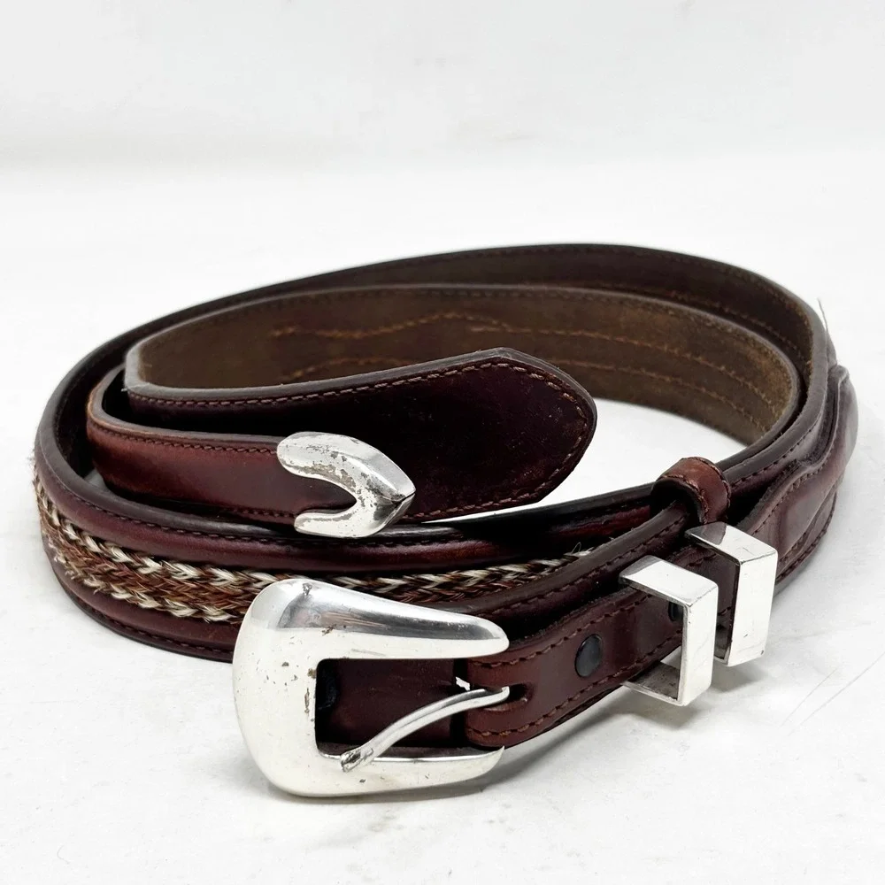 1997 Tony Lama Horsehair Braided Western Leather Ranger Belt Size 40 Silver Tone